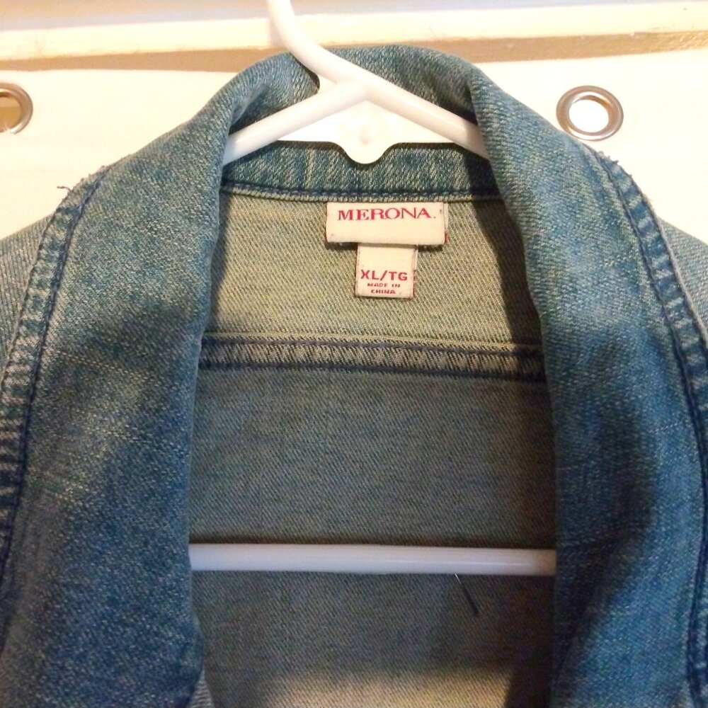 Upcycled Denim Jean Jacket XL Boho Rocker Patches Artsy Festival Mixed Media - Picture 6 of 15